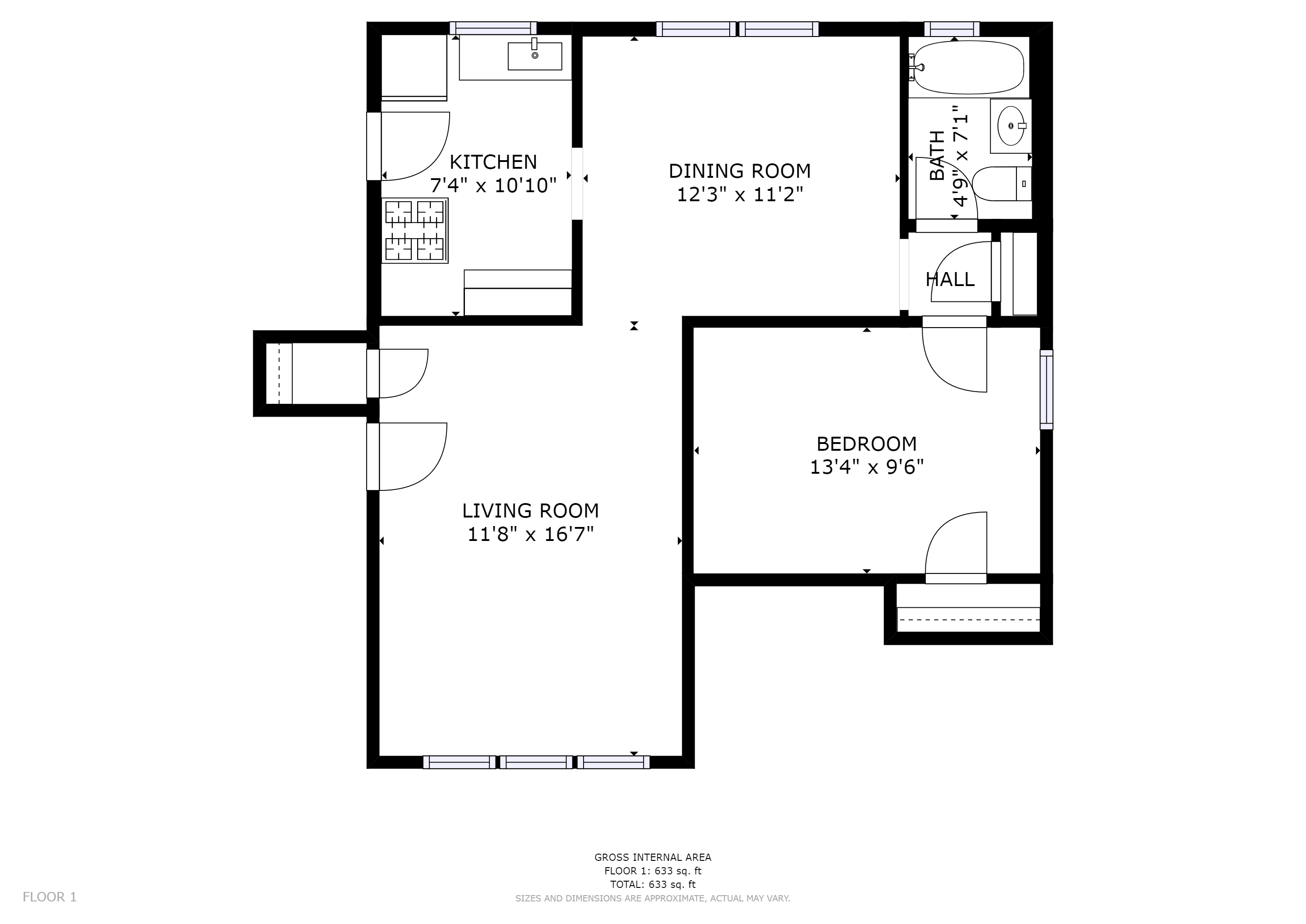 Floor plan for 1 bed, 1 bath, 725 sqft